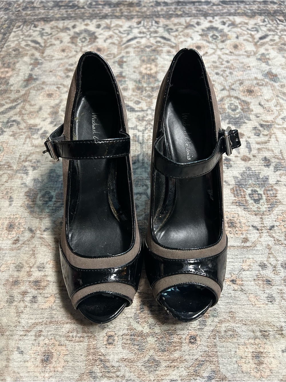 Patent Black Mary Jane Peep-Toe Heels with Taupe Trim